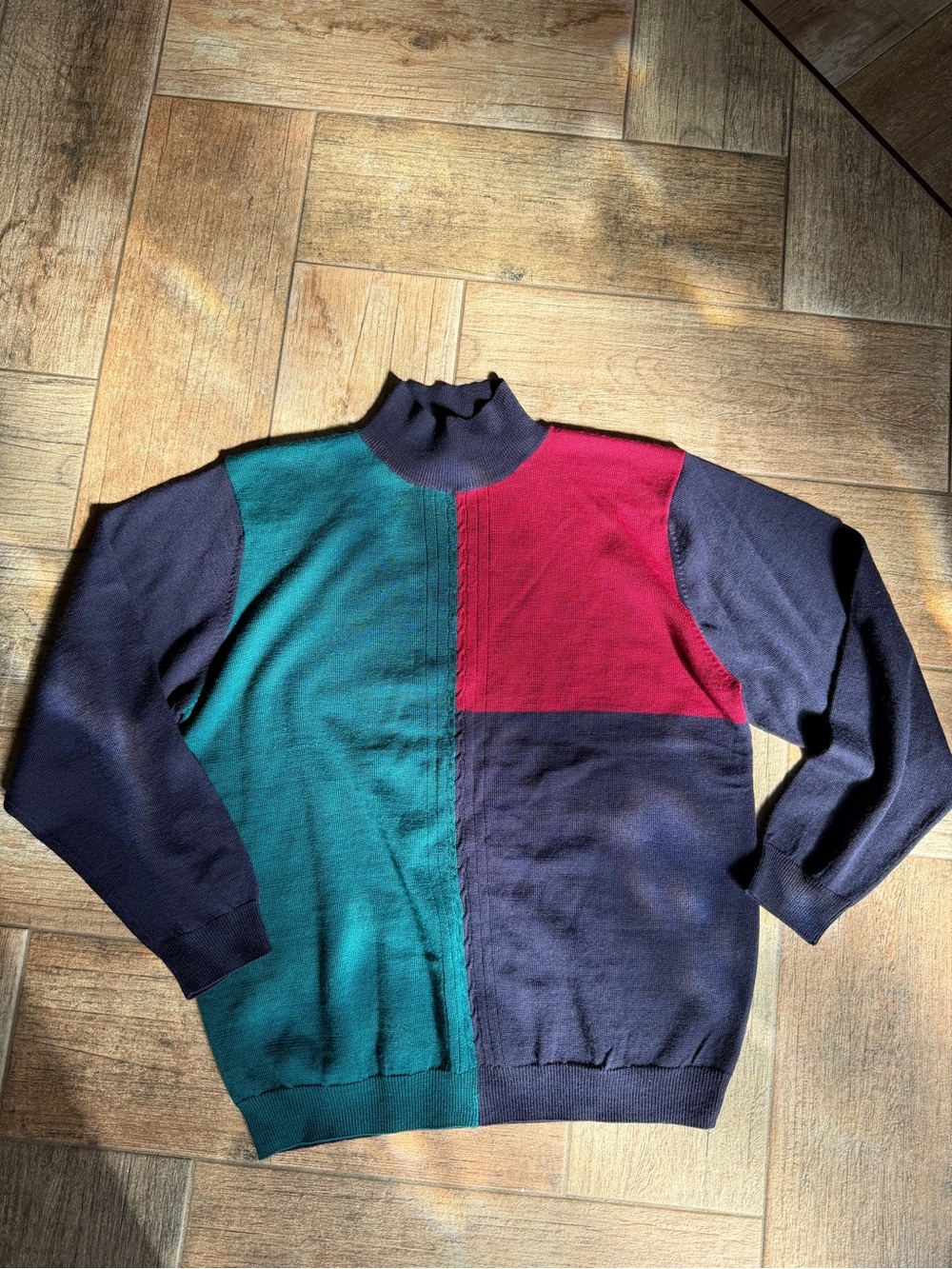 Alfred Dunner Teal, Red & Navy Colorblock Mock Neck Sweater